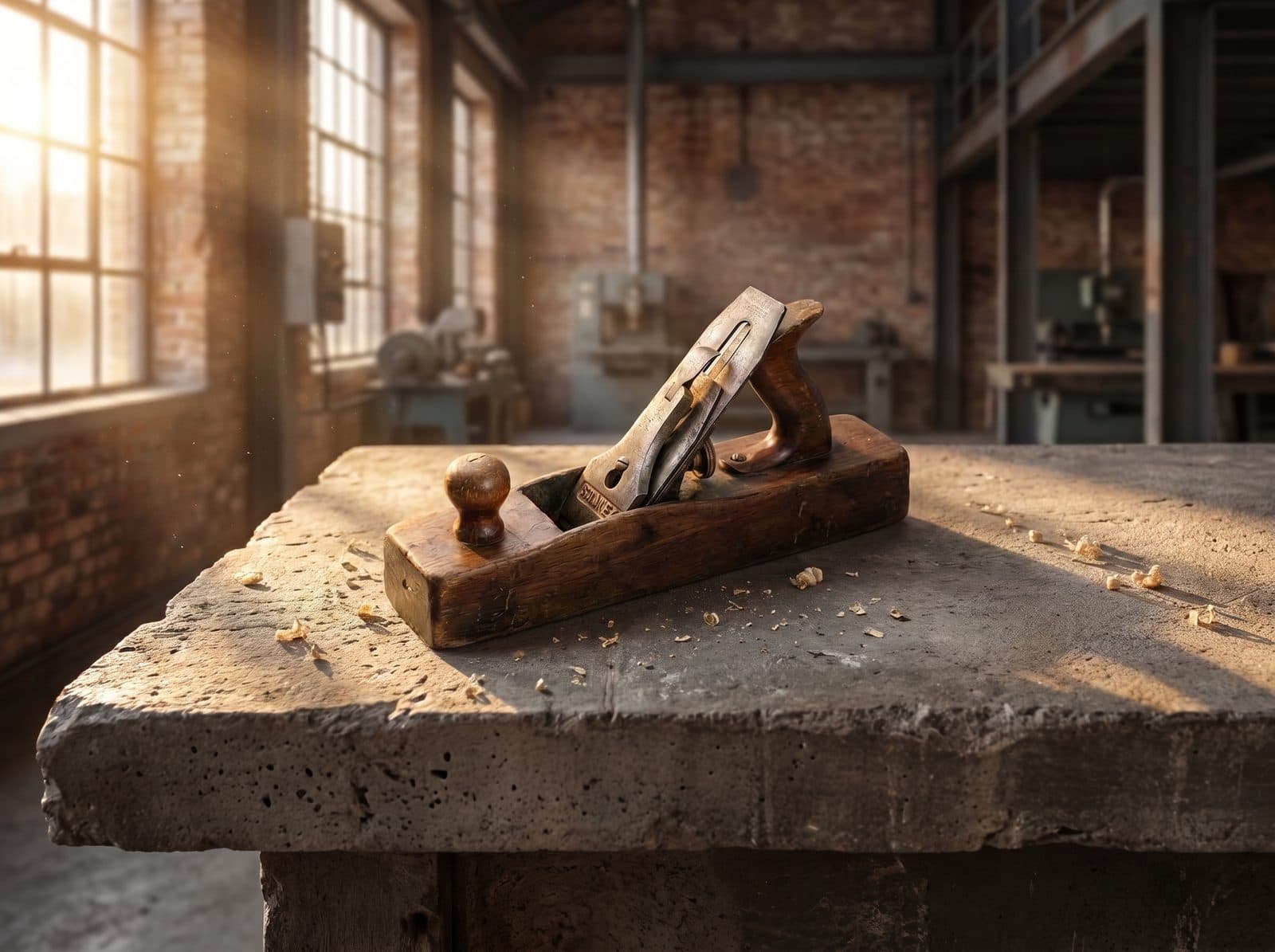 Der Handhobel in einer generierten Werkstattszene mit warmem Seitenlicht und Holzspänen