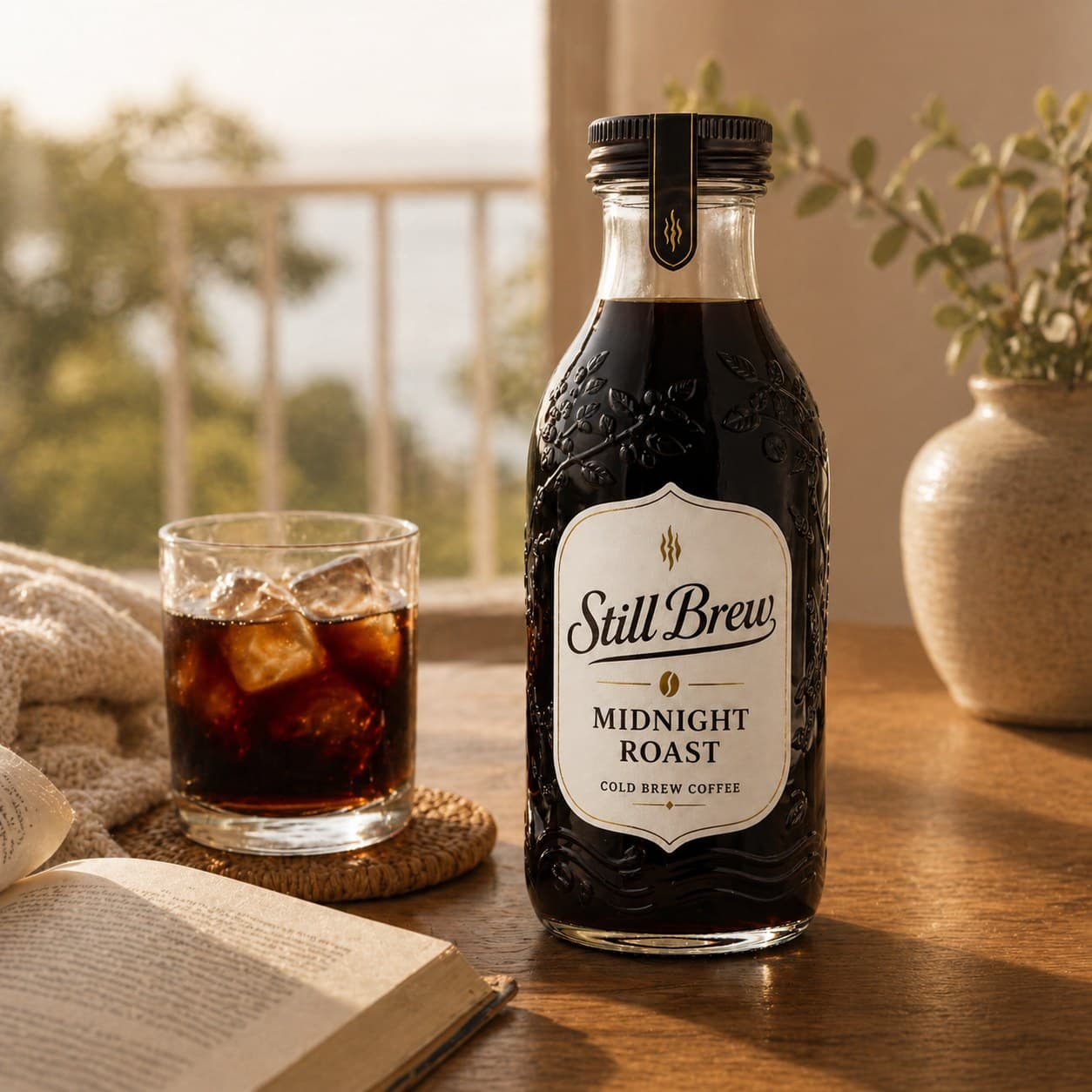 Flasche Still Brew auf einem Holztisch am Fenster, daneben ein Glas mit Eiswürfeln und ein aufgeschlagenes Buch